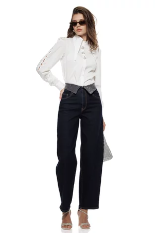 Blugi dama bareel premium indigo elastici talie inalta betelie intoarsa cu cristale