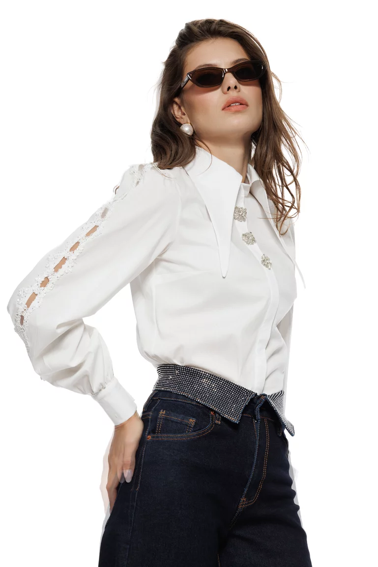 Blugi dama bareel premium indigo elastici talie inalta betelie intoarsa cu cristale picture - 2