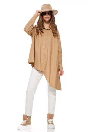 Blugi dama crem premium 2026 cu cusaturi mocca mouse material elastic croi conic talie inalta