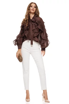 Blugi dama crem premium 2026 cu cusaturi mocca mouse material elastic croi conic talie inalta