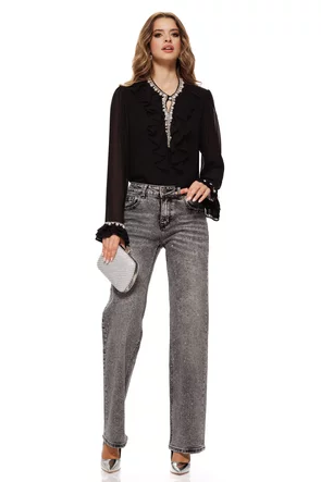 Blugi dama gri cu strasuri croi drept material premium prespalat