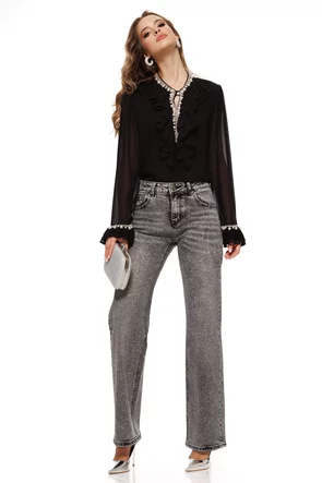 Blugi dama gri cu strasuri croi drept material premium prespalat