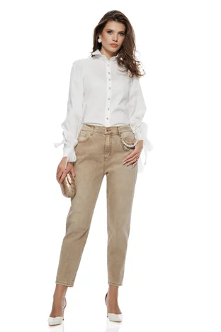 Blugi dama premium  bej patinat croi boyfriend sirag detasabil cu perle