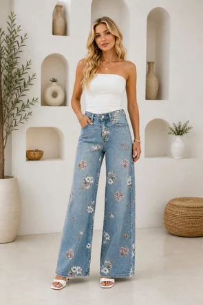 Blugi dama premium summer 2026 wide leg cu imprimeu floral