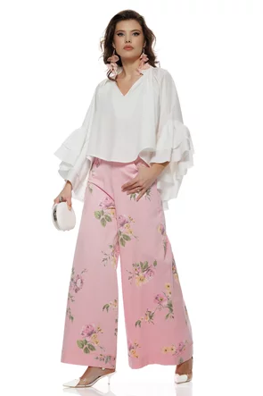 Blugi dama roz extralong wide cu imprimeu floral talie inalta