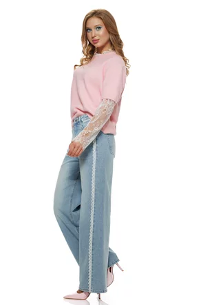 Blugi dama wide premium albastru deschis cu talie medie elastici si dantela pe picior