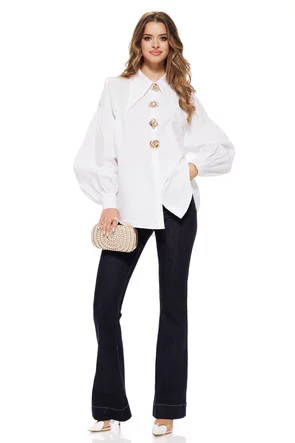 Blugi evazați cu talie medie, denim albastru indigo, cusături decorative manseta lata