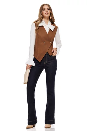 Blugi evazați cu talie medie, denim albastru indigo, cusături decorative manseta lata