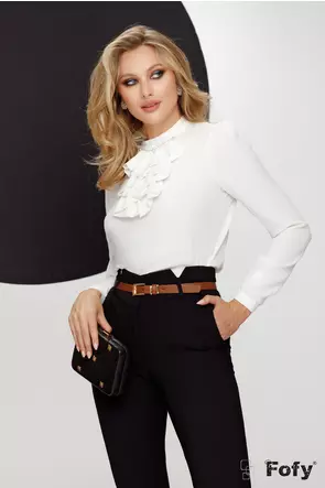 Bluza dama alba Fofy cu jabou elegant accesorizat cu perlute