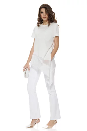 Bluza dama alba premium brodata cu margele si paiete cu insertii asimetrice de matase si dantela