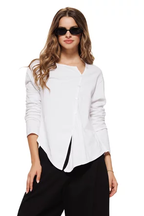 Bluza dama alba premium din bumbac cu croi modern asimetric cu nasturi