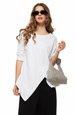 Bluza dama alba premium din bumbac cu croi modern asimetric in colturi