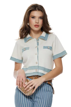 Bluza dama alba premium stil jacheta din vascoza cu contururi din blug 