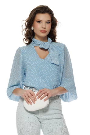 Bluza dama bleu ciel cu buline cu esarfa innodata