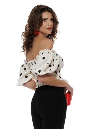 Bluză damă cloude dancer retro cu buline negre și mâneci bufante