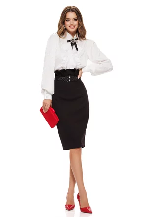 Bluză dama de ocazie Fofy din jakard satinat alb cu jabou elaborat lung