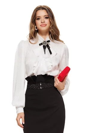 Bluză dama de ocazie Fofy din jakard satinat alb cu jabou elaborat lung