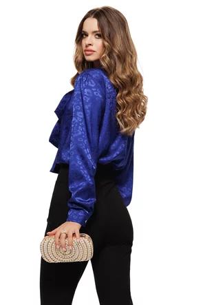 Bluză dama de ocazie Fofy din jakard satinat animal print albastru royal cu esarfa innodata