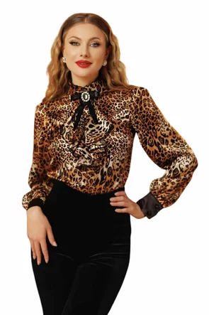Bluză dama de ocazie Fofy din jakard satinat animal print  cu jabou elaborat