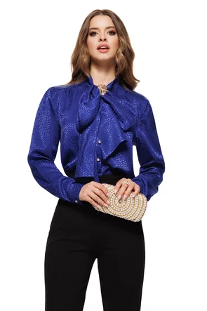 Bluză dama de ocazie Fofy din jakard satinat texturat albastru royal cu esarfa innodata
