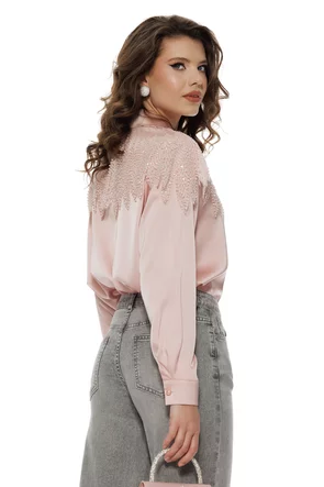 Bluza dama de ocazie roz satinata cu aplicatie spectaculoasa de margele si paiete