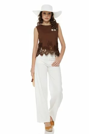 Bluza dama de vara din in maro premium cu accesorii din margele si paiete si broderie aplicata