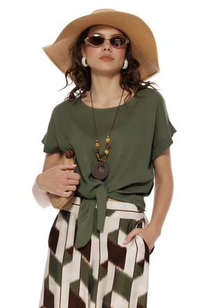 Bluza dama de vara din vascoza premium olive cu nod stilizat colier din lemn