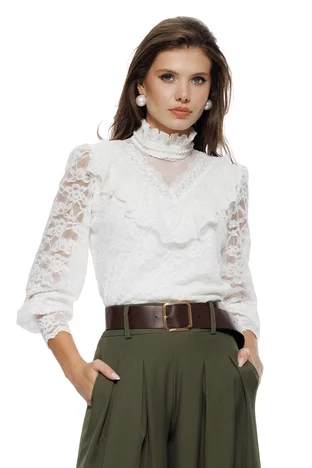Bluza dama diafana alba din dantela elastica cu jabou in V si aplicatii de perle
