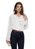 Bluza dama diafana alba din voal structurat cu cu jabou dantelat in V si aplicatii florale cu perle picture - 1
