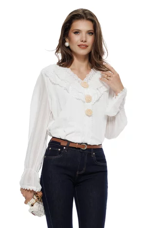 Bluza dama diafana alba din voal structurat cu cu jabou dantelat in V si aplicatii florale cu perle