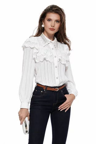 Bluza dama diafana alba din voal structurat cu guler brodat perle cristale si volane din dantela