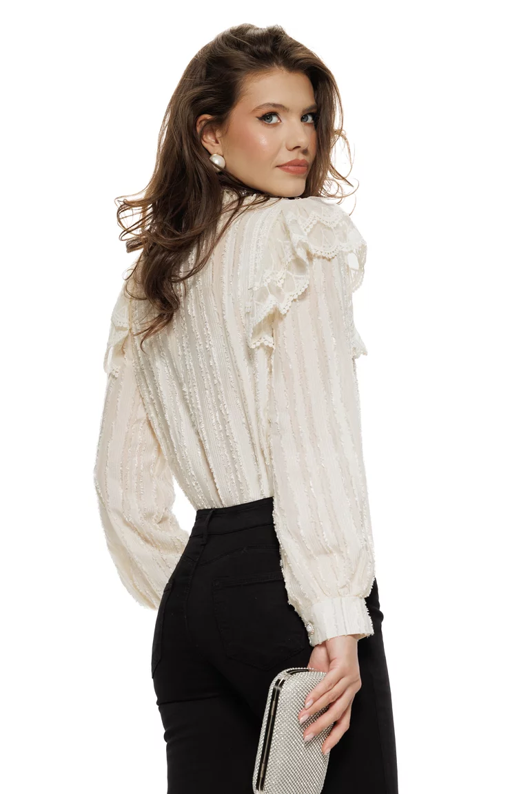 Bluza dama diafana ivoire din voal structurat cu guler brodat perle cristale si volane din dantela picture - 2