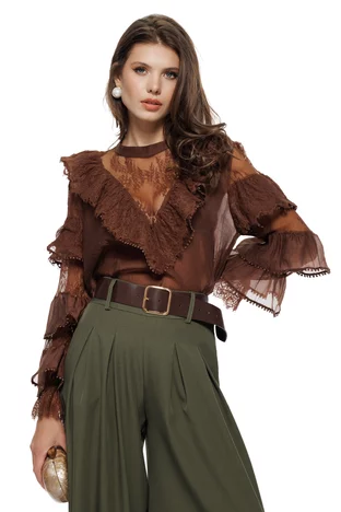 Bluza dama diafana maro din organza cu jabou victorian si volane din dantela