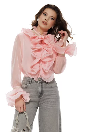 Bluza dama diafana premium din organza roz cu jabou si volane ample si margele argintii