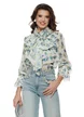 Bluza dama diafana premium din voal imprimeu floral albastru cu jabou elaborat esarfe si trandafiri