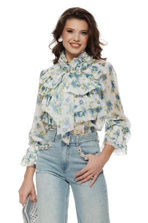 Bluza dama diafana premium din voal imprimeu floral albastru cu jabou elaborat esarfe si trandafiri