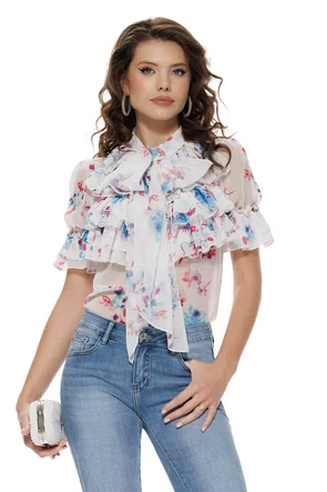 Bluza dama Fofy diafana premium din voal imprimeu floral rosu cu albastru si jabou elaborat
