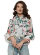 Bluza dama diafana premium din voal imprimeu floral verde cu jabou elaborat esarfe si trandafiri
