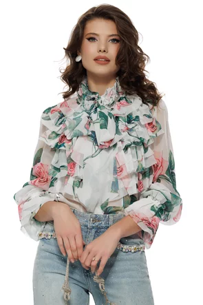 Bluza dama diafana premium din voal imprimeu floral verde cu jabou elaborat esarfe si trandafiri