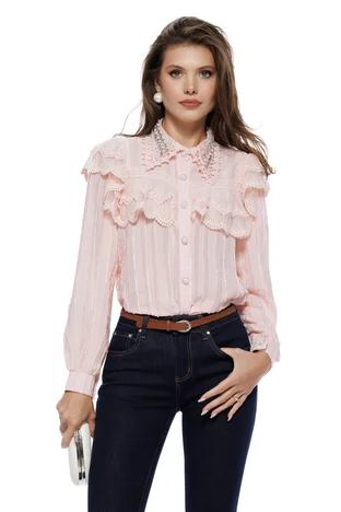 Bluza dama diafana roz din voal structurat cu guler brodat perle cristale si volane din dantela