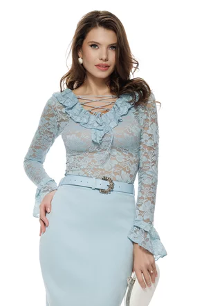 Bluza dama din dantela premium bleu elastica cu volane si decolteu reglabil