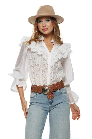 Bluza dama din organza premium alba dantela si volane