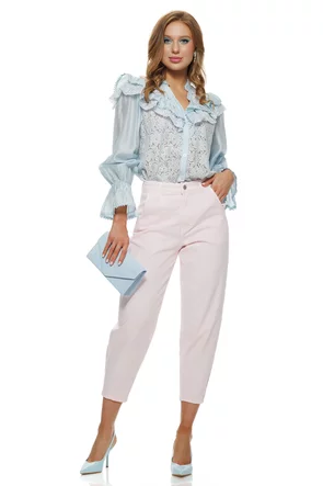 Bluza dama  din organza premium baby blue  dantela si volane