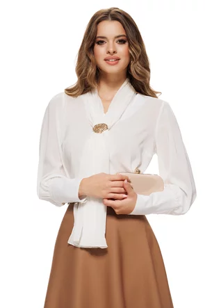 Bluza dama ecru Fofy eleganta cu esarfa plisata si brosa