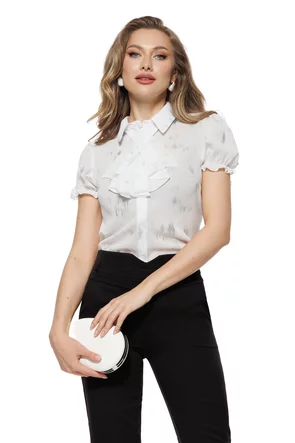 Bluza dama eleganta alba cu imprimeu argintiu Fofy cu jabou detasabil  si maneca scurta