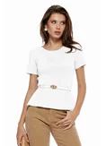 Bluza dama eleganta alba cu peplum din tricot premium curea si catarama aurie picture - 1
