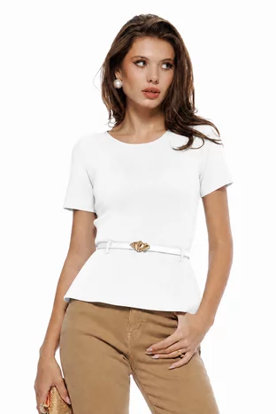 Bluza dama eleganta alba cu peplum din tricot premium curea si catarama aurie