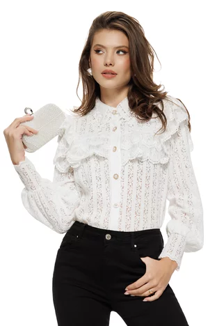 Bluza dama eleganta alba din dantela catifelata cu guler brodat si volane din dantela premium