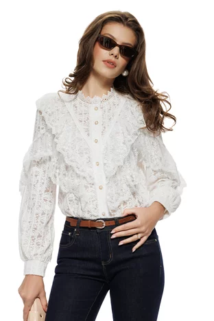 Bluza dama eleganta alba din dantela catifelata cu jabou amplu dantelat si nasturi perla