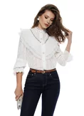 Bluza dama eleganta alba din dantela catifelata cu jabou in V dantelat cu aplicatii de cristale maxi picture - 1